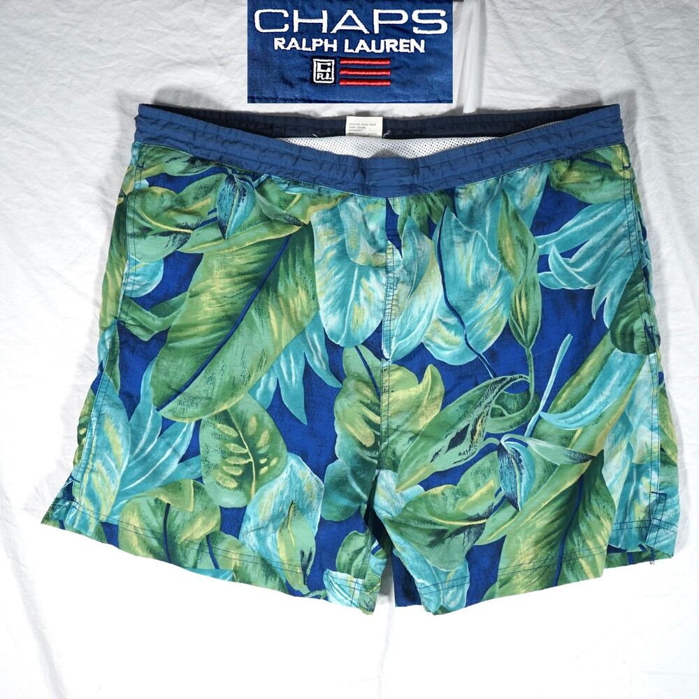 Vintage Chaps Ralph Lauren Swim Trunks Blue Green Flag Logo Leaf Pattern Men's L